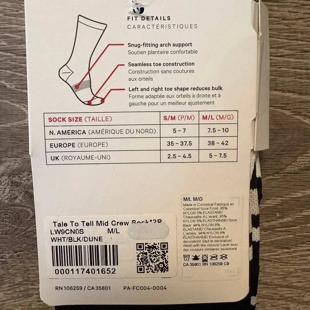 Lululemon Tale to Tell Crew Socks 2 Pack White Black M/L